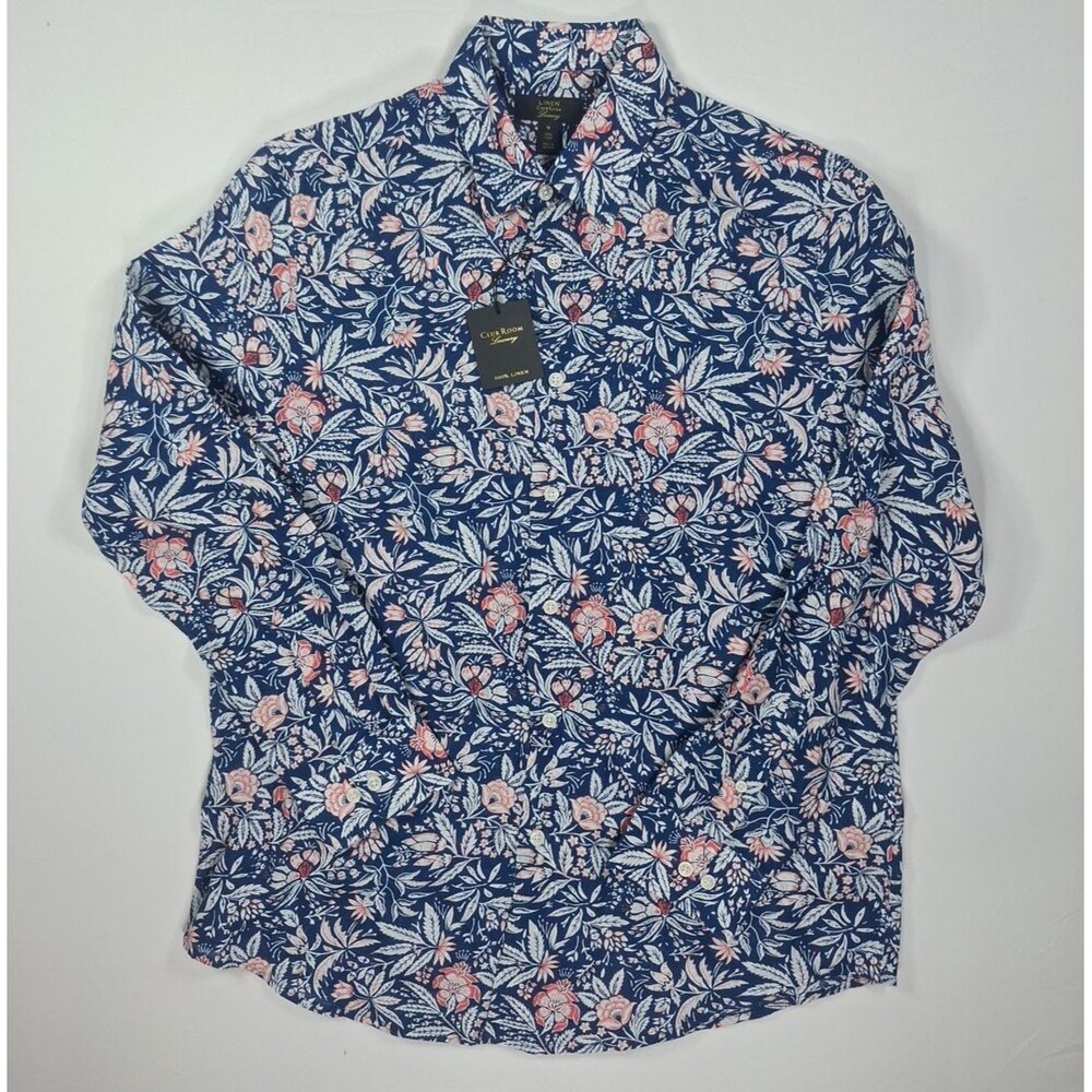 Club Room Linen Luxury Men's Medium Navy Blue Pink  Floral Linen Buttondown